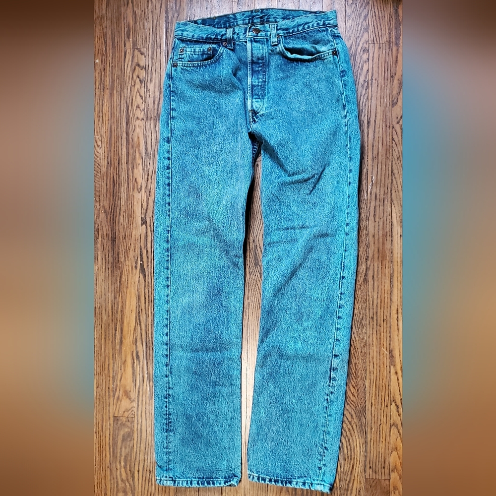 Vintage Levis 501 0675 W32 L34 Teal Overdye button fly red label 80s / 90s - Picture 4 of 16